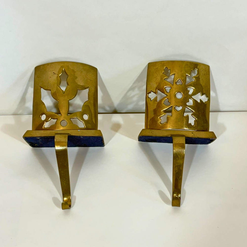 Brass Stocking Hangers Holly & Snowflake Cut-out Holder Vintage Heavy Christmas